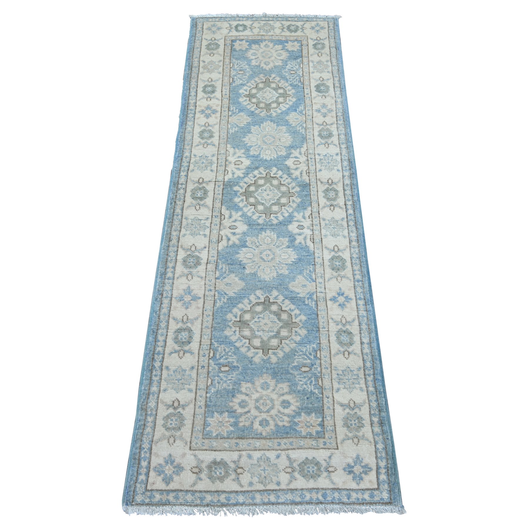 2'x6'1" Maya Blue, Vintage Look Kazak with Tribal Medallions, Hand Knotted, 100% Wool, Natural Dyes, Narrow Runner, Oriental Rug 